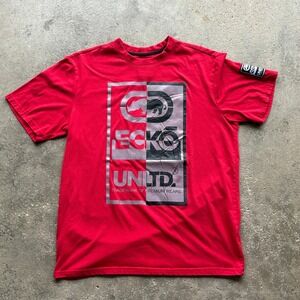 Ecko Unltd Mens Red Graphic T-Shirt Short‎ Sleeve Logo Patch Streetwear